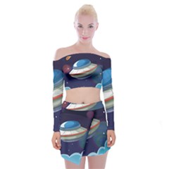 Ufo Alien Spaceship Galaxy Off Shoulder Top With Mini Skirt Set by Vaneshart