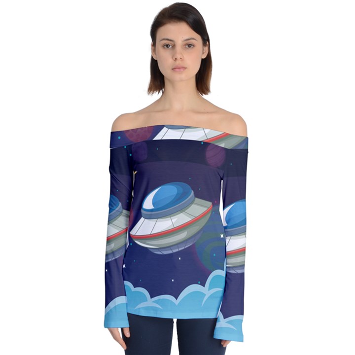 Ufo Alien Spaceship Galaxy Off Shoulder Long Sleeve Top