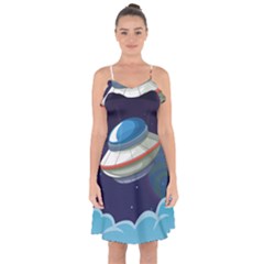 Ufo Alien Spaceship Galaxy Ruffle Detail Chiffon Dress by Vaneshart