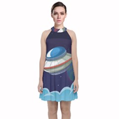 Ufo Alien Spaceship Galaxy Velvet Halter Neckline Dress  by Vaneshart