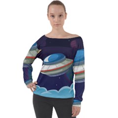 Ufo Alien Spaceship Galaxy Off Shoulder Long Sleeve Velour Top by Vaneshart