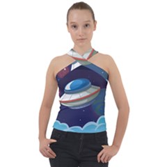 Ufo Alien Spaceship Galaxy Cross Neck Velour Top by Vaneshart