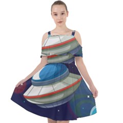 Ufo Alien Spaceship Galaxy Cut Out Shoulders Chiffon Dress