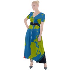 Spaceship Design Button Up Short Sleeve Maxi Dress