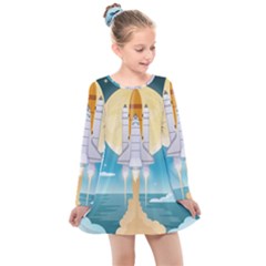 Space Exploration Illustration Kids  Long Sleeve Dress by Vaneshart