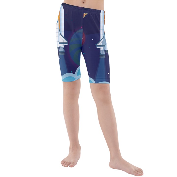 Spaceship Milkyway Galaxy Kids  Mid Length Swim Shorts