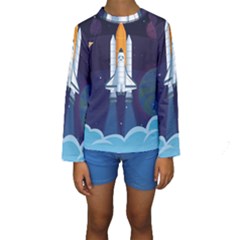 Spaceship Milkyway Galaxy Kids  Long Sleeve Swimwear by Vaneshart