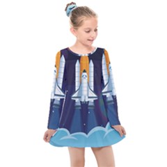 Spaceship Milkyway Galaxy Kids  Long Sleeve Dress by Vaneshart