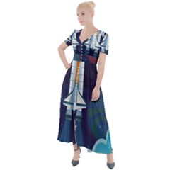 Spaceship Milkyway Galaxy Button Up Short Sleeve Maxi Dress