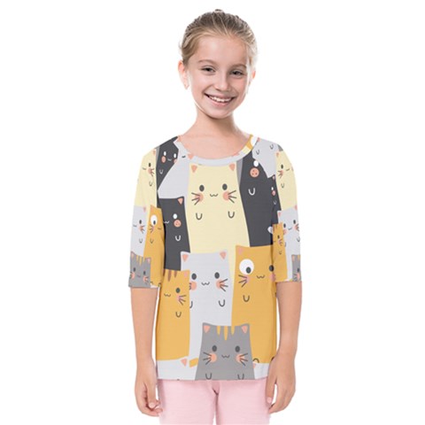 Seamless Pattern Cute Cat Cartoons Kids  Quarter Sleeve Raglan Tee by Vaneshart