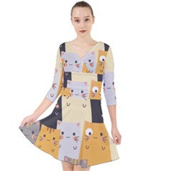 Seamless Pattern Cute Cat Cartoons Quarter Sleeve Front Wrap Dress by Vaneshart