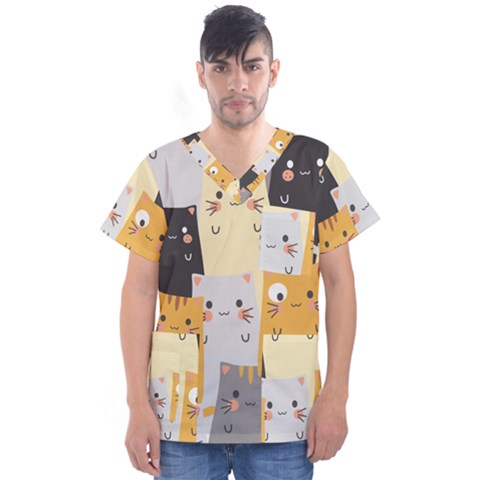 Seamless Pattern Cute Cat Cartoons Men s V-neck Scrub Top by Vaneshart