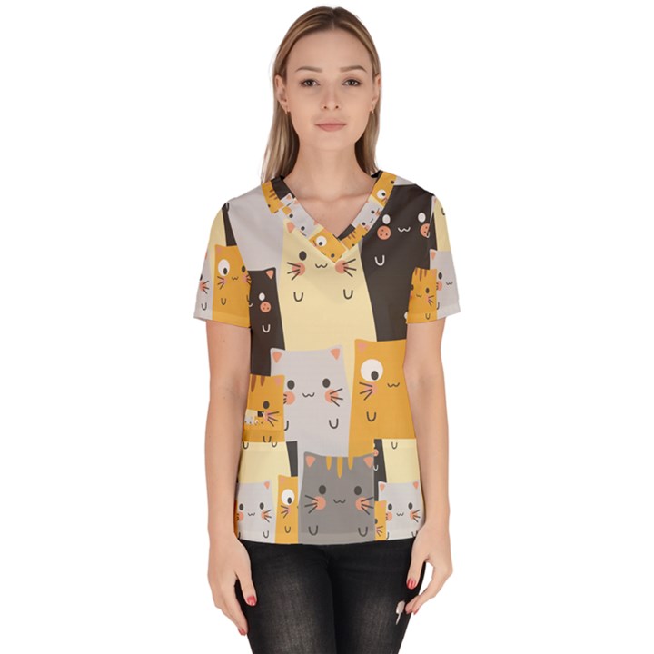 Seamless Pattern Cute Cat Cartoons Women s V-Neck Scrub Top