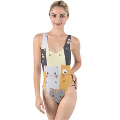 Seamless Pattern Cute Cat Cartoons High Leg Strappy Swimsuit by Vaneshart