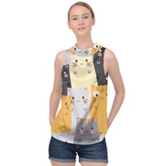 Seamless Pattern Cute Cat Cartoons High Neck Satin Top by Vaneshart