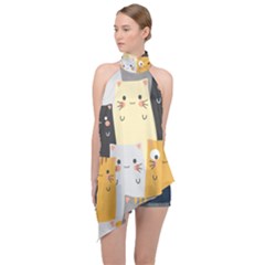 Seamless Pattern Cute Cat Cartoons Halter Asymmetric Satin Top by Vaneshart