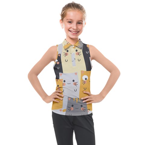 Seamless Pattern Cute Cat Cartoons Kids  Sleeveless Polo Tee by Vaneshart