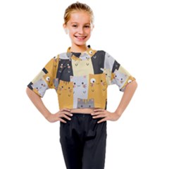 Seamless Pattern Cute Cat Cartoons Kids Mock Neck Tee