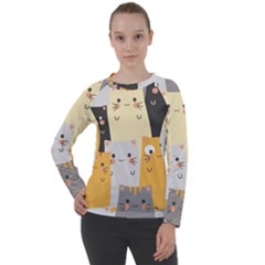 Seamless Pattern Cute Cat Cartoons Women s Long Sleeve Raglan Tee