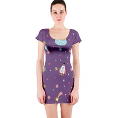 Space Travels Seamless Pattern Vector Cartoon Short Sleeve Bodycon Dress