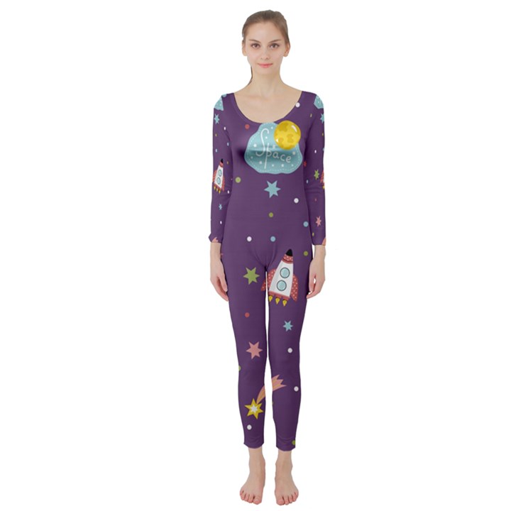 Space Travels Seamless Pattern Vector Cartoon Long Sleeve Catsuit