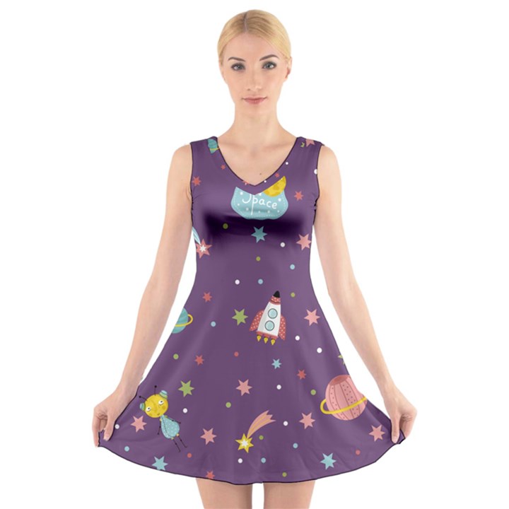 Space Travels Seamless Pattern Vector Cartoon V-Neck Sleeveless Dress