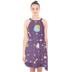 Space Travels Seamless Pattern Vector Cartoon Halter Collar Waist Tie Chiffon Dress