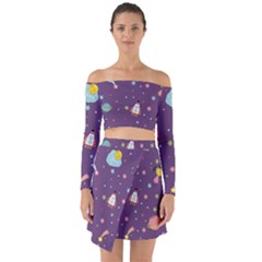 Space Travels Seamless Pattern Vector Cartoon Off Shoulder Top With Skirt Set by Vaneshart