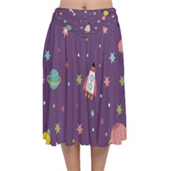 Space Travels Seamless Pattern Vector Cartoon Velvet Flared Midi Skirt by Vaneshart