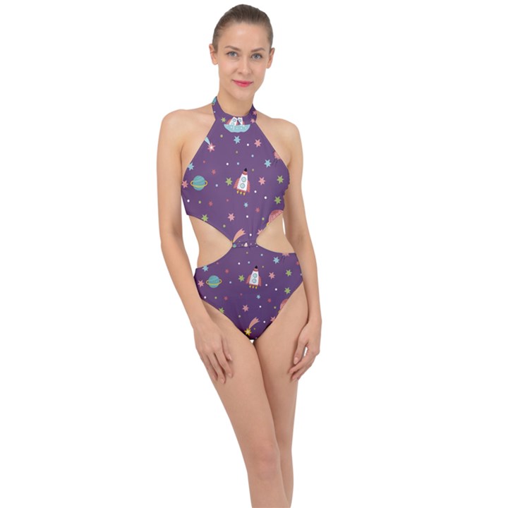 Space Travels Seamless Pattern Vector Cartoon Halter Side Cut Swimsuit