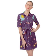 Space Travels Seamless Pattern Vector Cartoon Belted Shirt Dress by Vaneshart