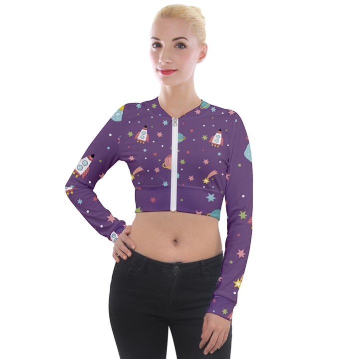 Space Travels Seamless Pattern Vector Cartoon Long Sleeve Cropped Velvet Jacket