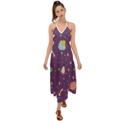 Space Travels Seamless Pattern Vector Cartoon Halter Tie Back Dress 