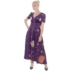 Space Travels Seamless Pattern Vector Cartoon Button Up Short Sleeve Maxi Dress