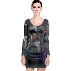 Illustration Astronaut Cosmonaut Paying Skateboard Sport Space With Astronaut Suit Long Sleeve Bodycon Dress by Vaneshart