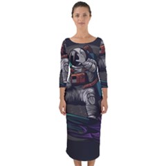 Illustration Astronaut Cosmonaut Paying Skateboard Sport Space With Astronaut Suit Quarter Sleeve Midi Bodycon Dress by Vaneshart