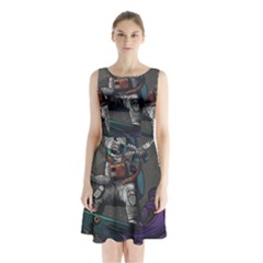 Illustration Astronaut Cosmonaut Paying Skateboard Sport Space With Astronaut Suit Sleeveless Waist Tie Chiffon Dress by Vaneshart