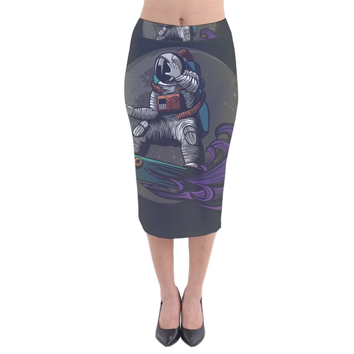 Illustration Astronaut Cosmonaut Paying Skateboard Sport Space With Astronaut Suit Velvet Midi Pencil Skirt