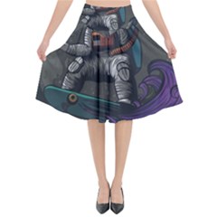 Illustration Astronaut Cosmonaut Paying Skateboard Sport Space With Astronaut Suit Flared Midi Skirt by Vaneshart