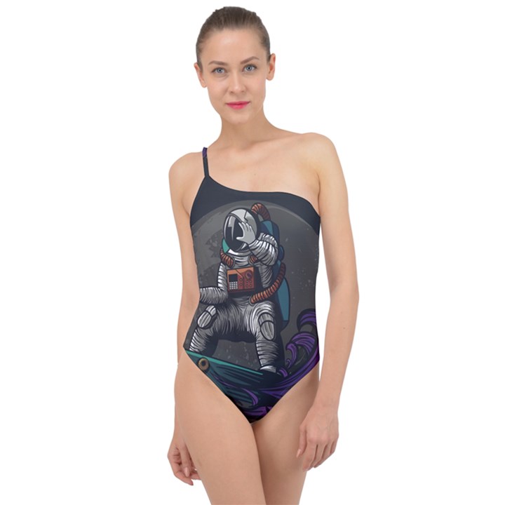 Illustration Astronaut Cosmonaut Paying Skateboard Sport Space With Astronaut Suit Classic One Shoulder Swimsuit