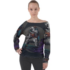 Illustration Astronaut Cosmonaut Paying Skateboard Sport Space With Astronaut Suit Off Shoulder Long Sleeve Velour Top