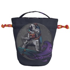 Illustration Astronaut Cosmonaut Paying Skateboard Sport Space With Astronaut Suit Drawstring Bucket Bag by Vaneshart