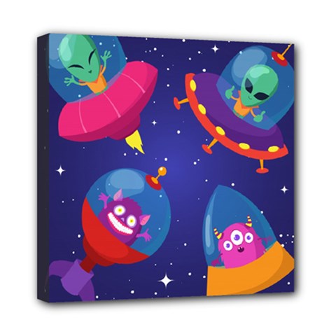 Cartoon Funny Aliens With Ufo Duck Starry Sky Set Mini Canvas 8  X 8  (stretched) by Vaneshart