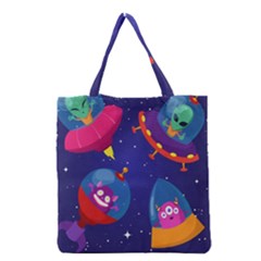 Cartoon Funny Aliens With Ufo Duck Starry Sky Set Grocery Tote Bag by Vaneshart