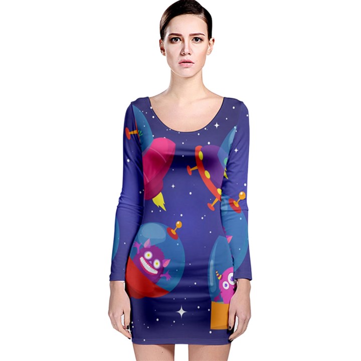 Cartoon Funny Aliens With Ufo Duck Starry Sky Set Long Sleeve Bodycon Dress