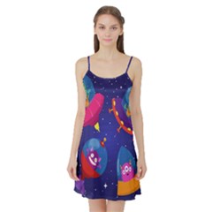 Cartoon Funny Aliens With Ufo Duck Starry Sky Set Satin Night Slip by Vaneshart