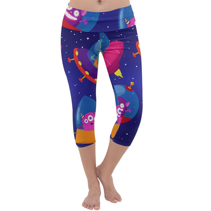 Cartoon Funny Aliens With Ufo Duck Starry Sky Set Capri Yoga Leggings