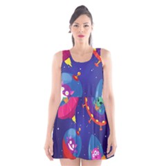 Cartoon Funny Aliens With Ufo Duck Starry Sky Set Scoop Neck Skater Dress by Vaneshart