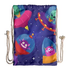 Cartoon Funny Aliens With Ufo Duck Starry Sky Set Drawstring Bag (large) by Vaneshart