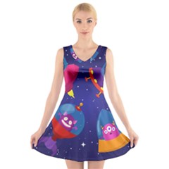 Cartoon Funny Aliens With Ufo Duck Starry Sky Set V-neck Sleeveless Dress by Vaneshart